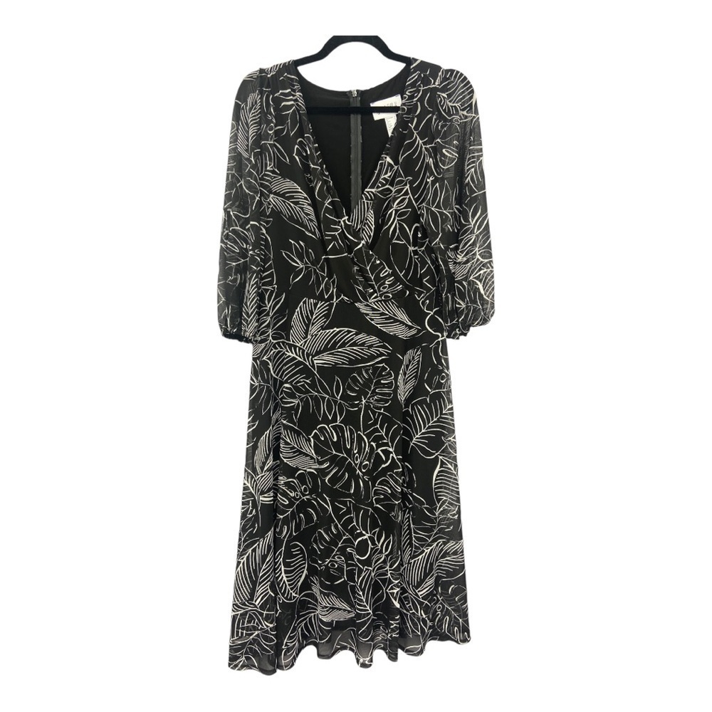 Joseph Ribkoff Surplice Wrap Midi Dress Black and White Palm Tropical Print 10